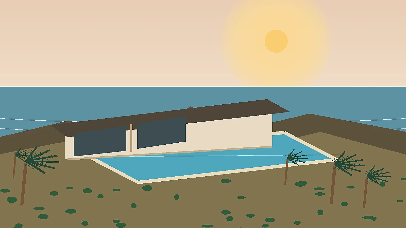 Illustrated honeymoon villa in Bali with sunset and pool